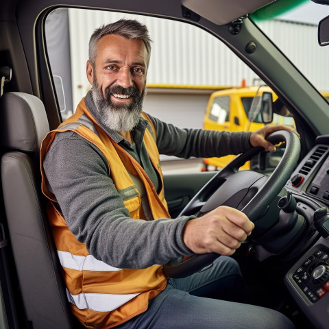 Smiling handsome man automotive driver at work on blured background