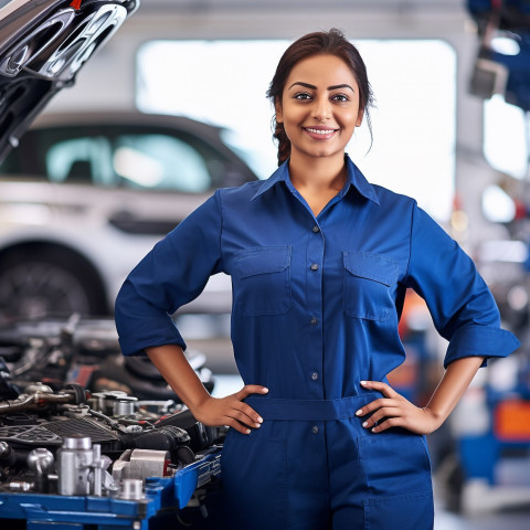 Friendly smiling beautiful indian woman automotive service manager at work on blured background