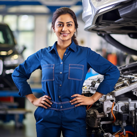 Friendly smiling beautiful indian woman automotive service manager at work on blured background