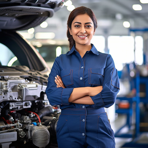 Friendly smiling beautiful indian woman automotive service manager at work on blured background