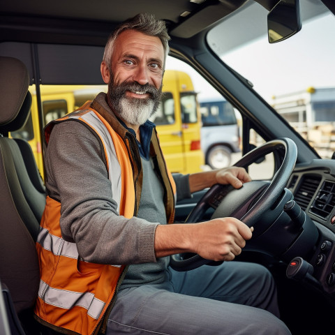 Smiling handsome man automotive driver at work on blured background