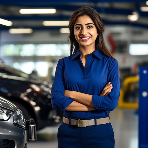 Friendly smiling beautiful indian woman automotive customer service representatives at work on blured background