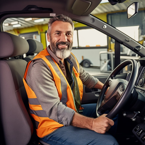 Smiling handsome man automotive driver at work on blured background