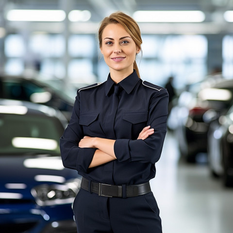 Friendly smiling beautiful woman automotive security personnel at work on blured background