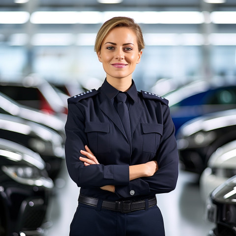 Friendly smiling beautiful woman automotive security personnel at work on blured background