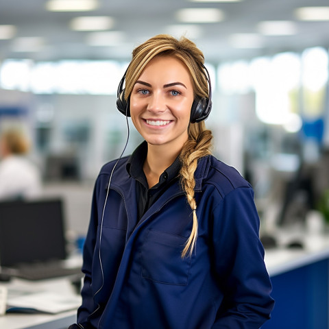 Friendly smiling beautiful woman automotive customer service representatives at work on blured background