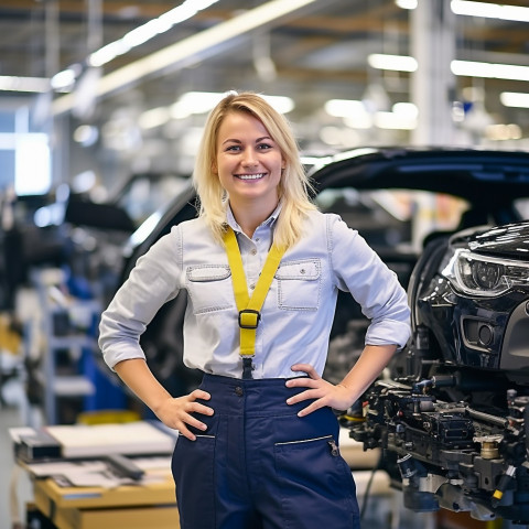 Friendly smiling beautiful woman automotive accountant at work on blured background