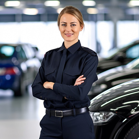 Friendly smiling beautiful woman automotive security personnel at work on blured background