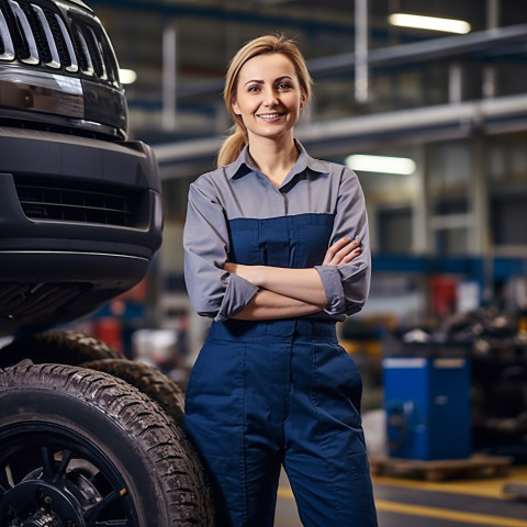 Friendly smiling beautiful woman automotive accountant at work on blured background