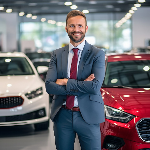 Friendly smiling handsome man automotive sales representative at work on blured background