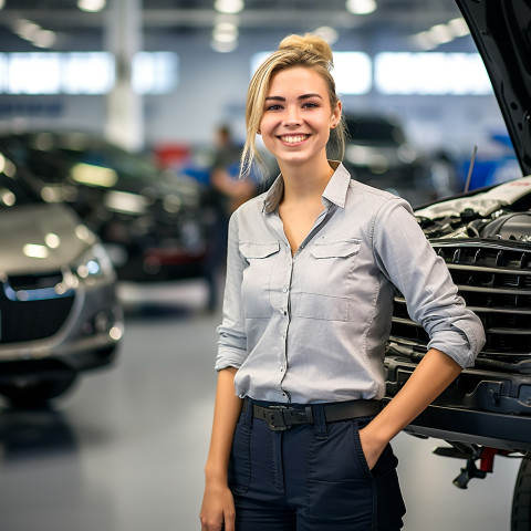 Friendly smiling beautiful woman automotive marketing and advertising specialist at work on blured background