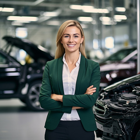 Friendly smiling beautiful woman automotive accountant at work on blured background