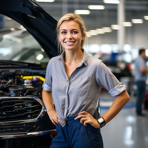 Friendly smiling beautiful woman automotive marketing and advertising specialist at work on blured background