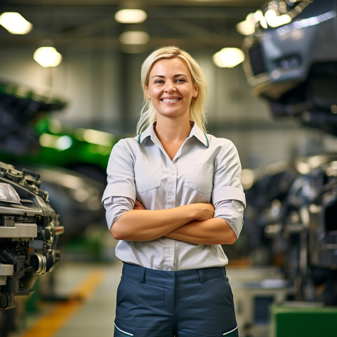 Friendly smiling beautiful woman automotive accountant at work on blured background