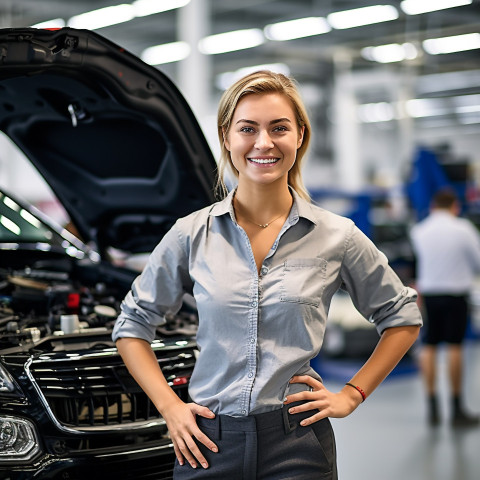 Friendly smiling beautiful woman automotive marketing and advertising specialist at work on blured background