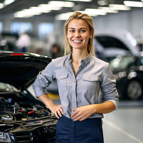 Friendly smiling beautiful woman automotive marketing and advertising specialist at work on blured background