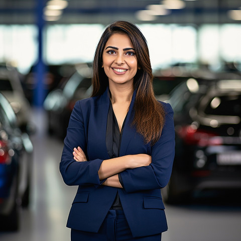 Friendly smiling beautiful indian woman automotive finance manager at work on blured background