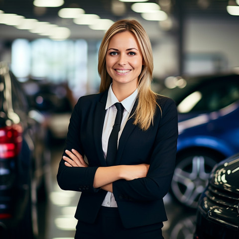 Friendly smiling beautiful woman automotive sales representative at work on blured background