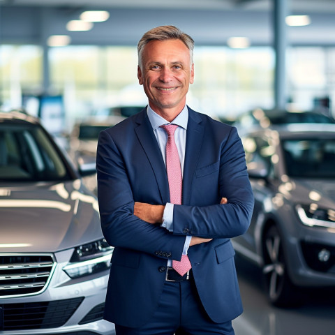 Friendly smiling handsome man automotive sales representative at work on blured background