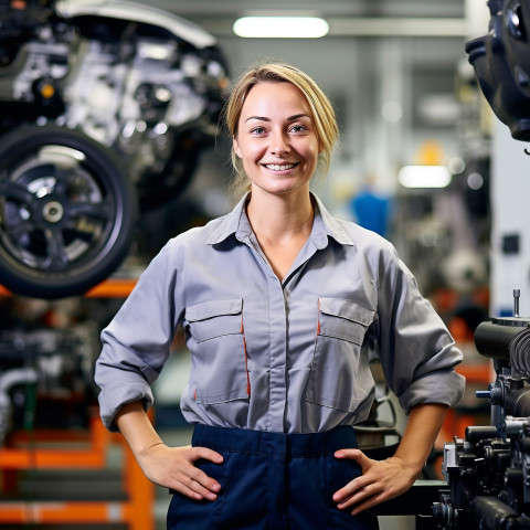 Friendly smiling beautiful woman automotive parts manager at work on blured background