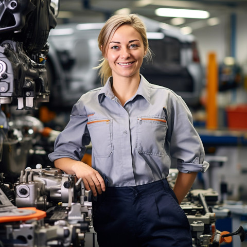 Friendly smiling beautiful woman automotive parts manager at work on blured background