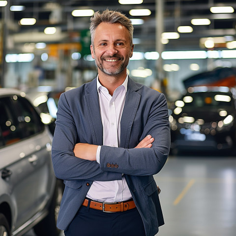 Friendly smiling handsome man automotive human resources manager at work on blured background