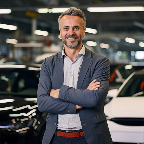 Friendly smiling handsome man automotive human resources manager at work on blured background