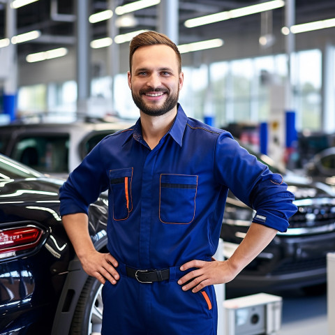 Friendly smiling handsome man automotive customer service representatives at work on blured background