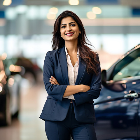 Friendly smiling beautiful indian woman automotive finance manager at work on blured background