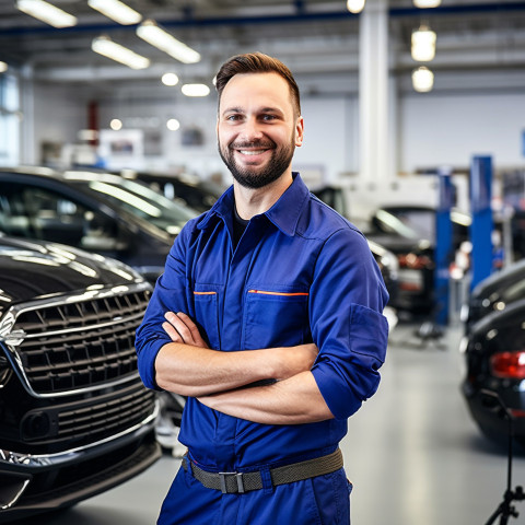 Friendly smiling handsome man automotive customer service representatives at work on blured background