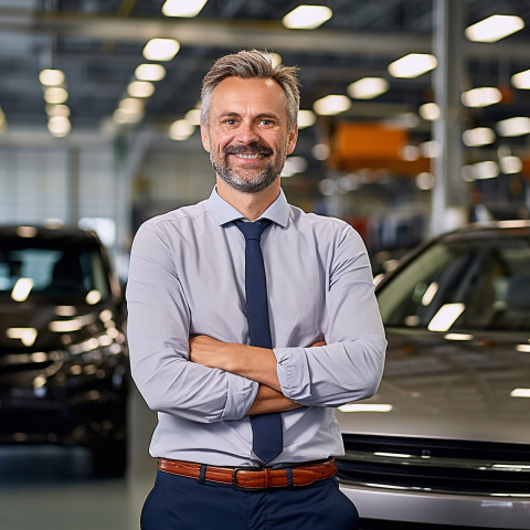 Friendly smiling handsome man automotive human resources manager at work on blured background