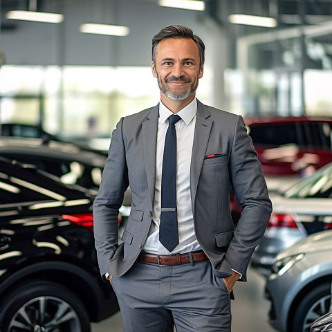 Friendly smiling handsome man automotive sales representative at work on blured background