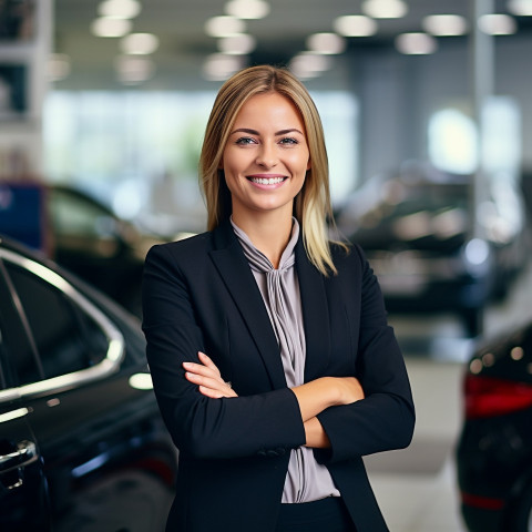 Friendly smiling beautiful woman automotive sales representative at work on blured background