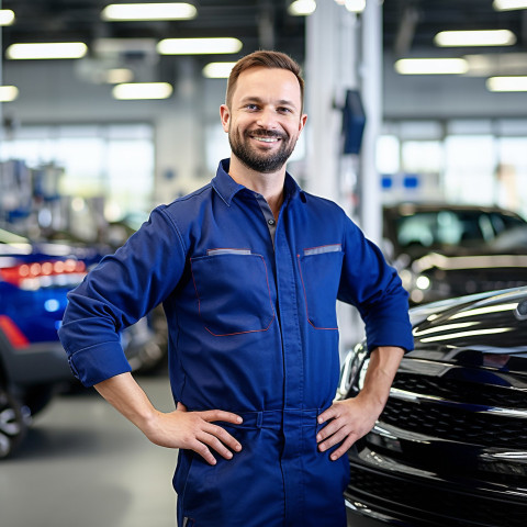 Friendly smiling handsome man automotive customer service representatives at work on blured background