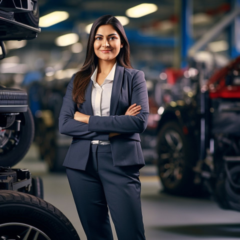 Friendly smiling beautiful indian woman automotive marketing manager at work on blured background