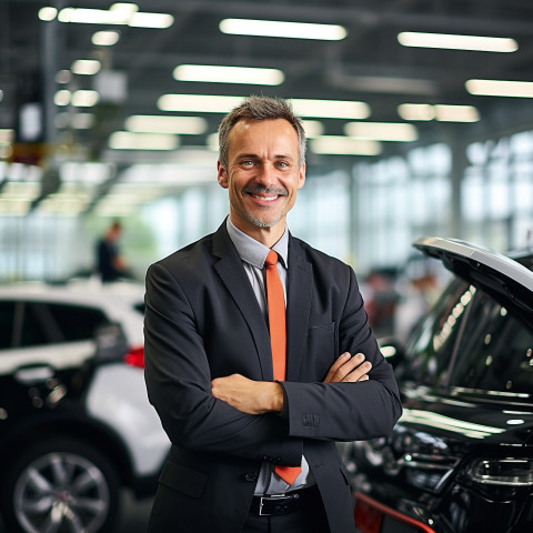 Friendly smiling handsome man automotive general manager at work on blured background