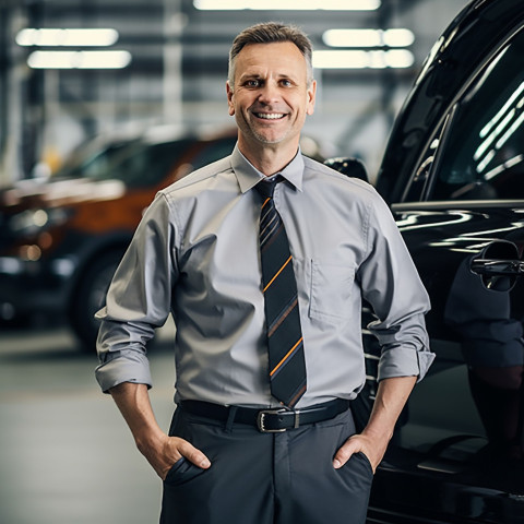 Friendly smiling handsome man automotive general manager at work on blured background