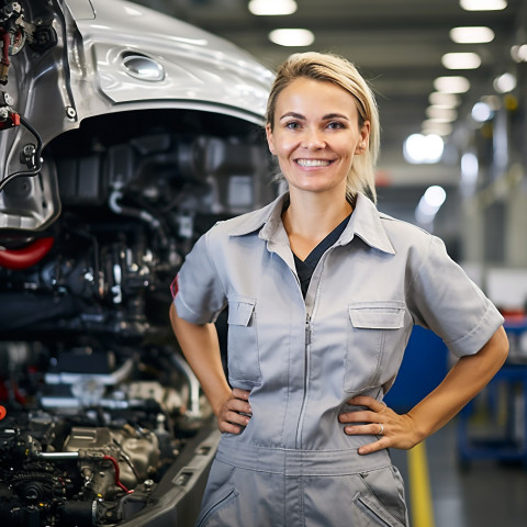 Friendly smiling beautiful woman automotive training instructor at work on blured background