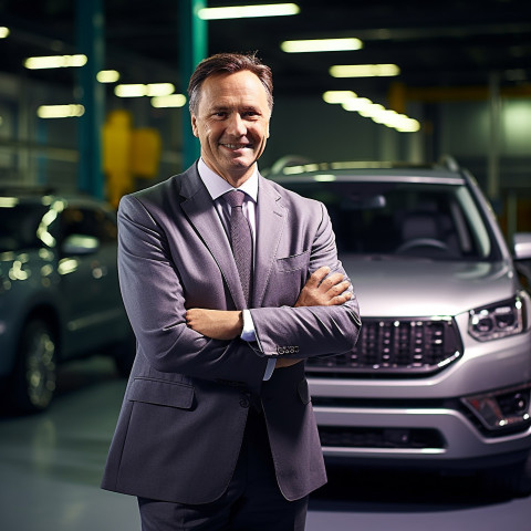 Friendly smiling handsome man automotive general manager at work on blured background