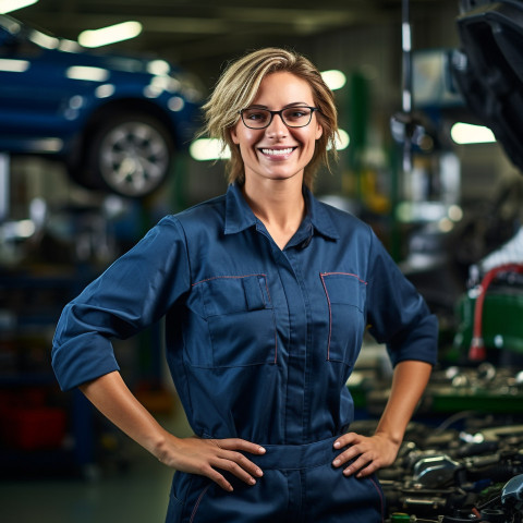 Friendly smiling beautiful woman automotive service manager at work on blured background