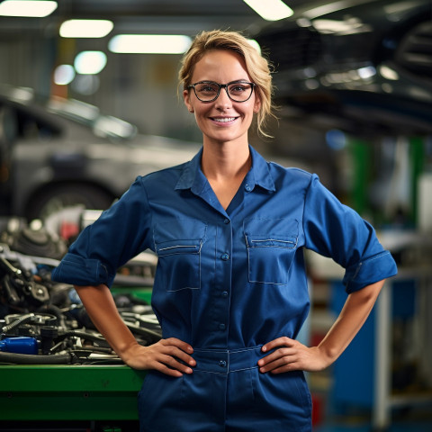 Friendly smiling beautiful woman automotive service manager at work on blured background