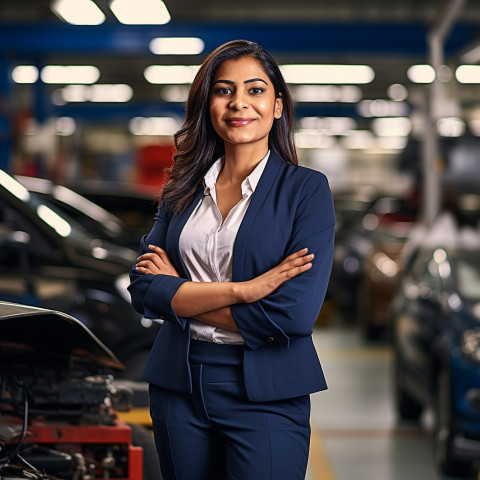 Friendly smiling beautiful indian woman automotive marketing manager at work on blured background