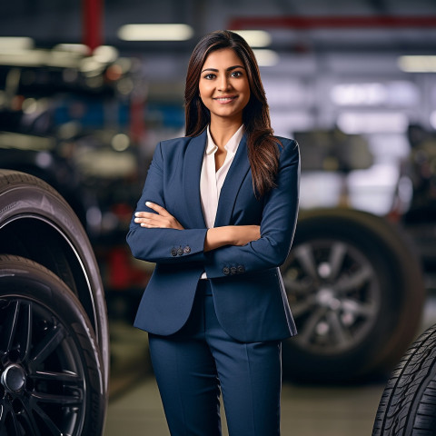 Friendly smiling beautiful indian woman automotive marketing manager at work on blured background