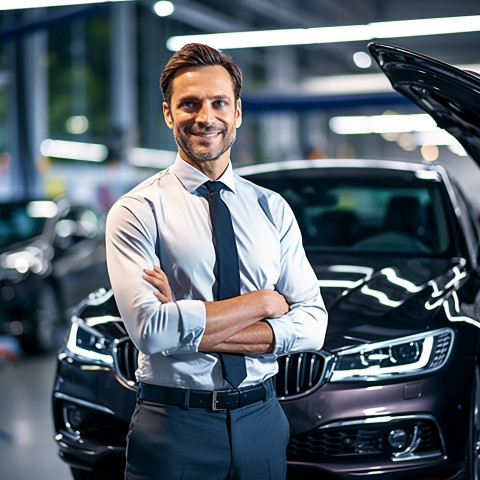 Friendly smiling handsome man automotive general manager at work on blured background