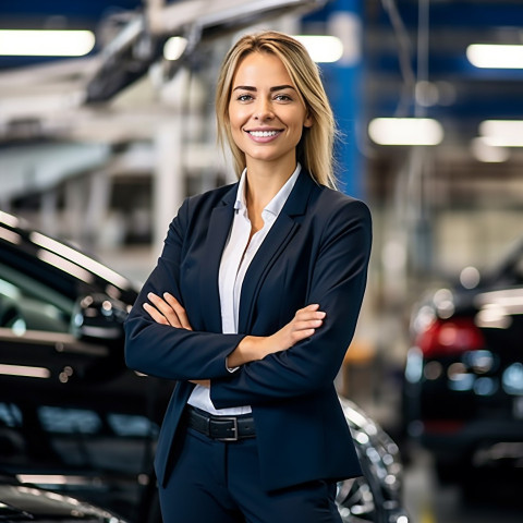 Friendly smiling beautiful woman automotive general manager at work on blured background