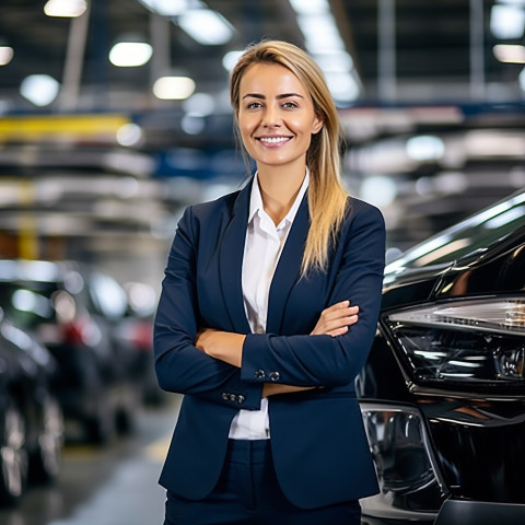 Friendly smiling beautiful woman automotive general manager at work on blured background