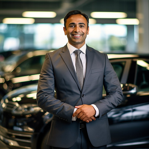 Smiling handsome indian man automotive legal counsel at work on blured background