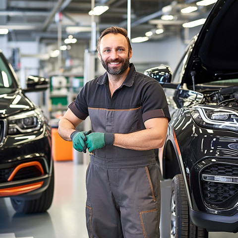 Friendly smiling handsome man automotive cleaning and maintenance staff at work on blured background