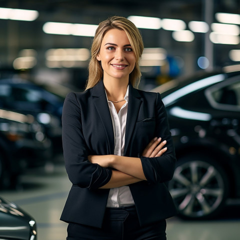 Friendly smiling beautiful woman automotive general manager at work on blured background