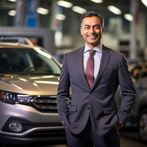 Smiling handsome indian man automotive sales manager at work on blured background